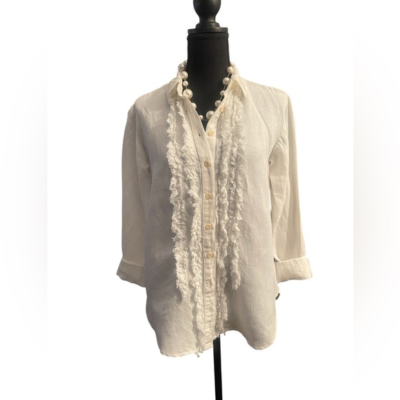 Pilcro Anthropologie White LinenBlend Ruffle Button FrontBlouse Boho Cottagecore - Picture 2 of 11
